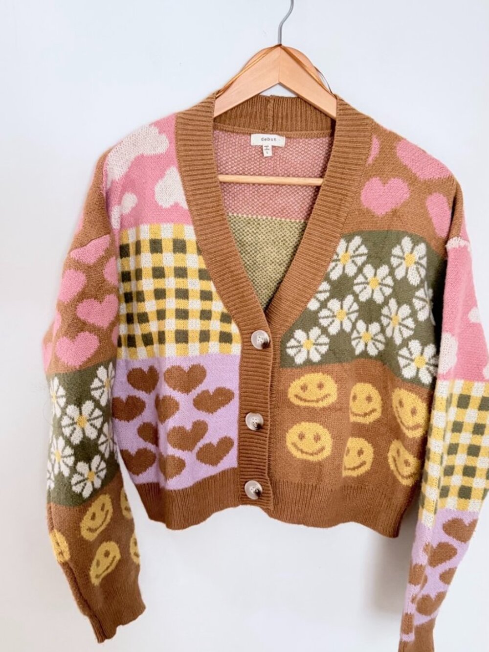 Debut Patchwork Smiley Heart Daisy Cropped Cardigan Sweater Size L